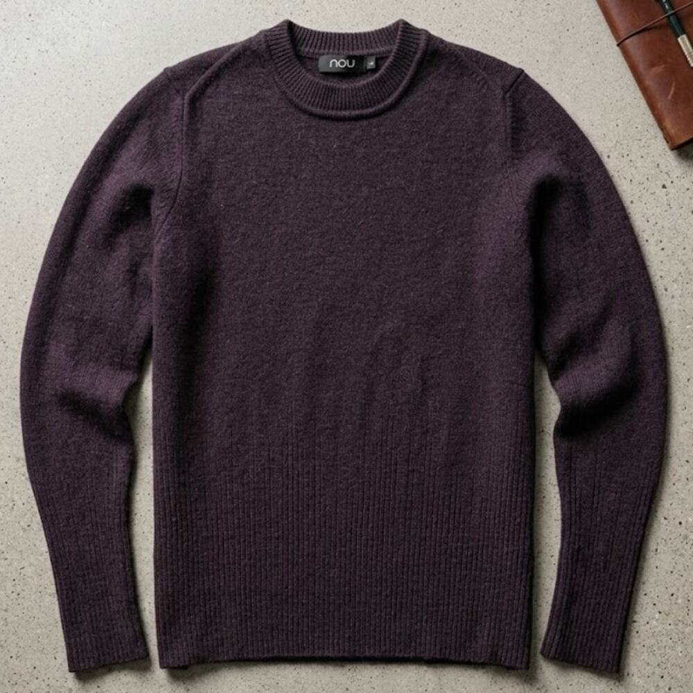NAU 100% Wool Ribbed Crewneck Sweater Mens L Dark Brown Sustainable Premium